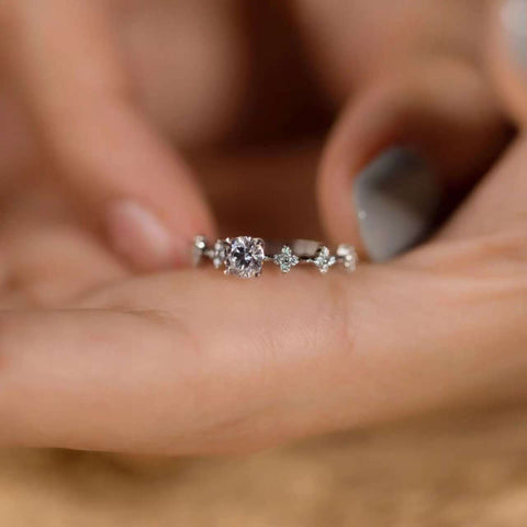 close-up 0.5 ct lab diamond ring with vine pavé accents, rose gold option