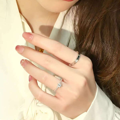 moissanite six prong engagement ring and 18K white gold couple band