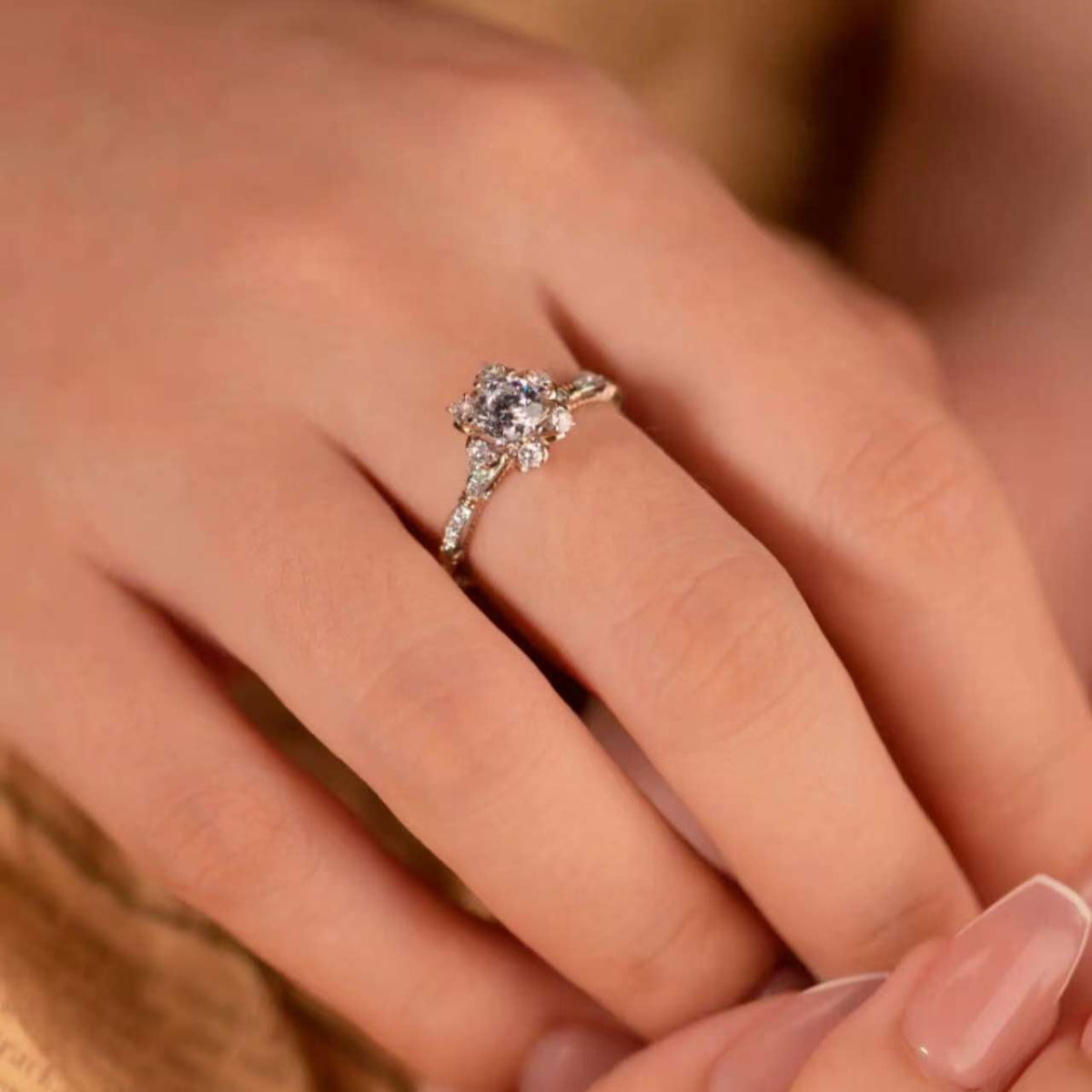 milgrain detail on floral cluster diamond ring shank