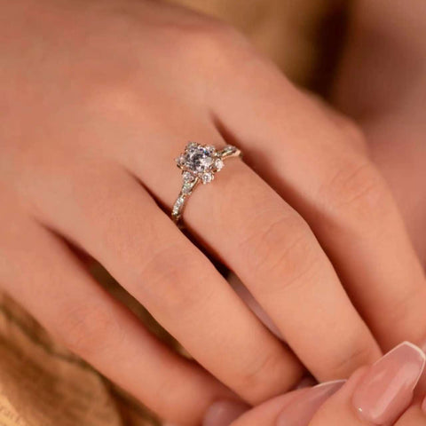 milgrain detail on floral cluster diamond ring shank