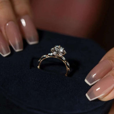 1ct floral cluster lab diamond ring in navy velvet box