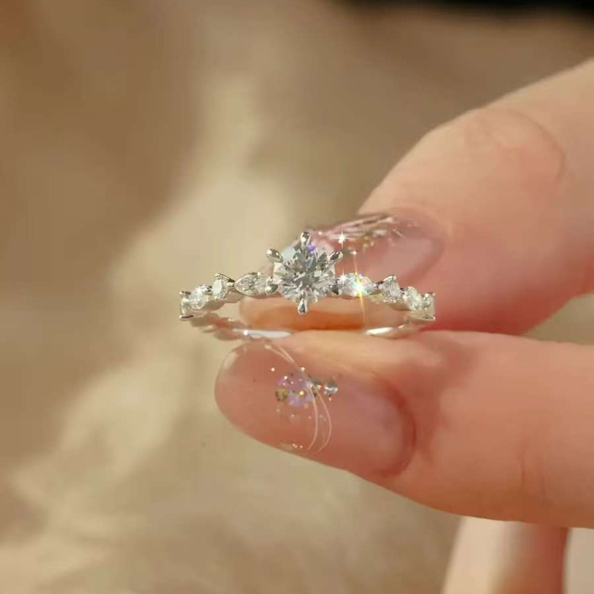 front view nature inspired leaf diamond ring sparkle
