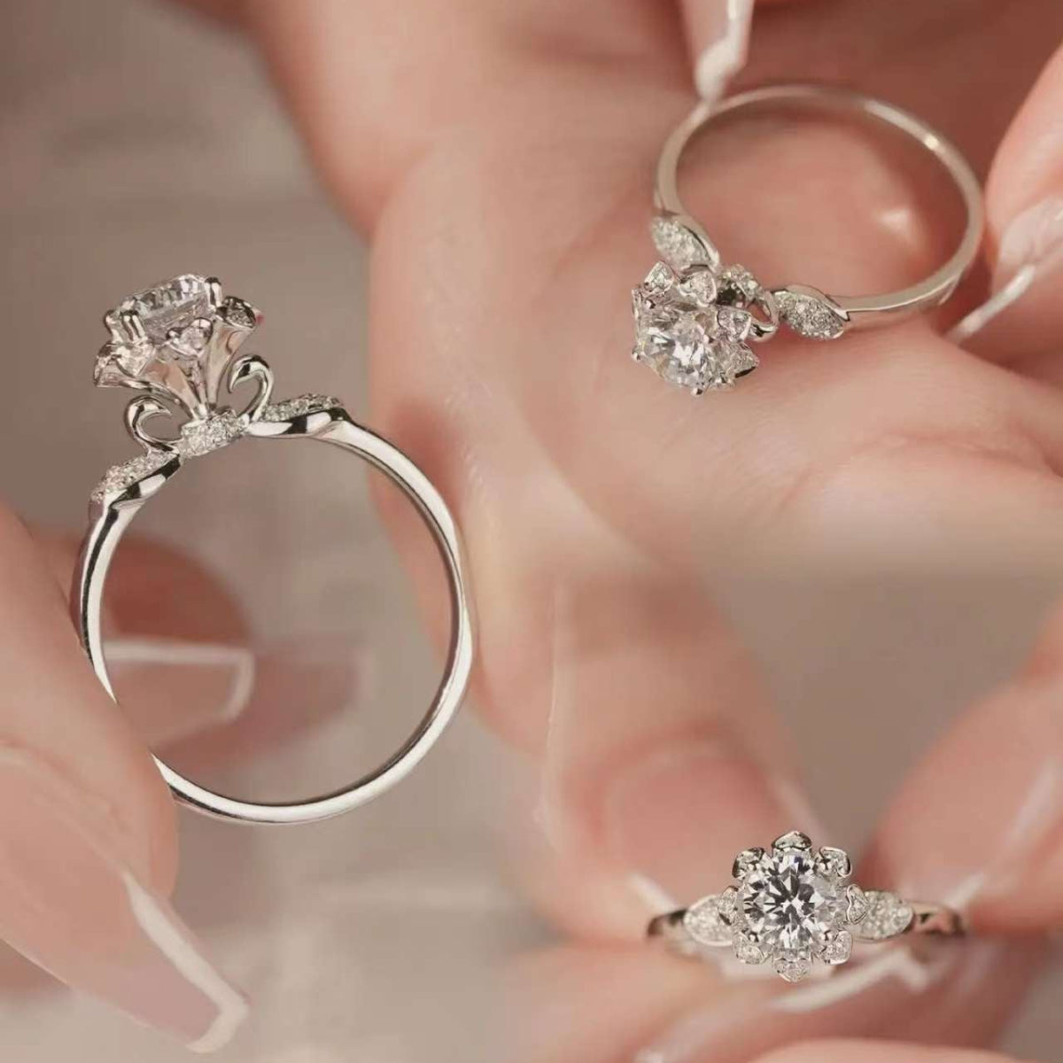 1ct petal crown lab diamond ring, round center stone, 14K white gold