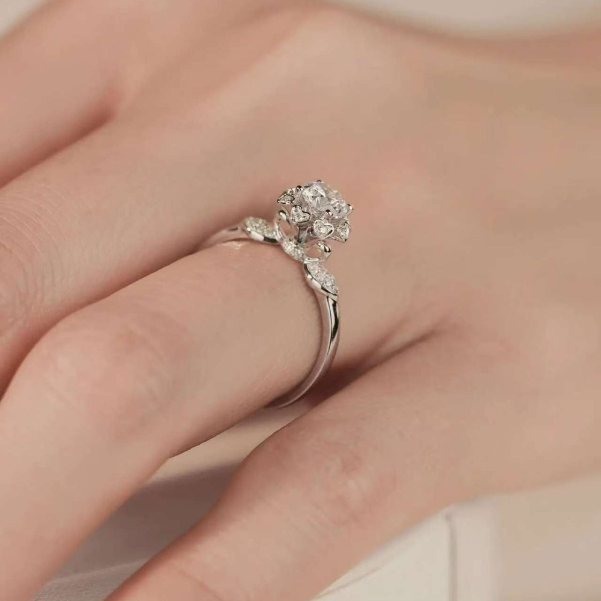 side view of petal crown lab diamond ring, dimensional marquise accents, elegant design