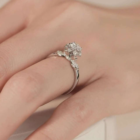 side view of petal crown lab diamond ring, dimensional marquise accents, elegant design