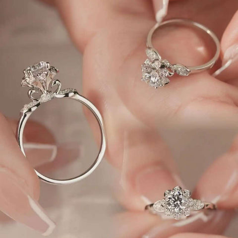 1ct petal crown lab diamond ring, round center stone, 14K white gold