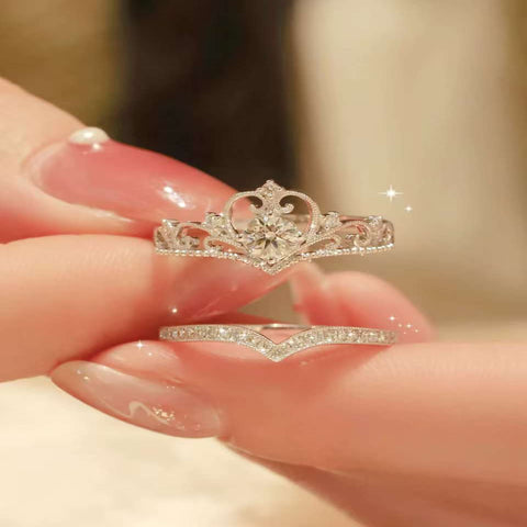 Princess crown lab-grown diamond ring set on hand, 18K white gold, 0.65 ct total
