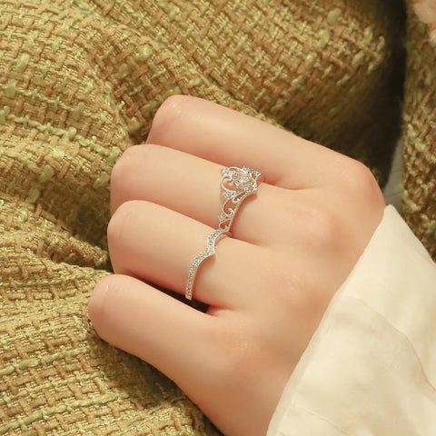 Lifestyle photo princess crown lab diamond ring, bridal stack, natural light