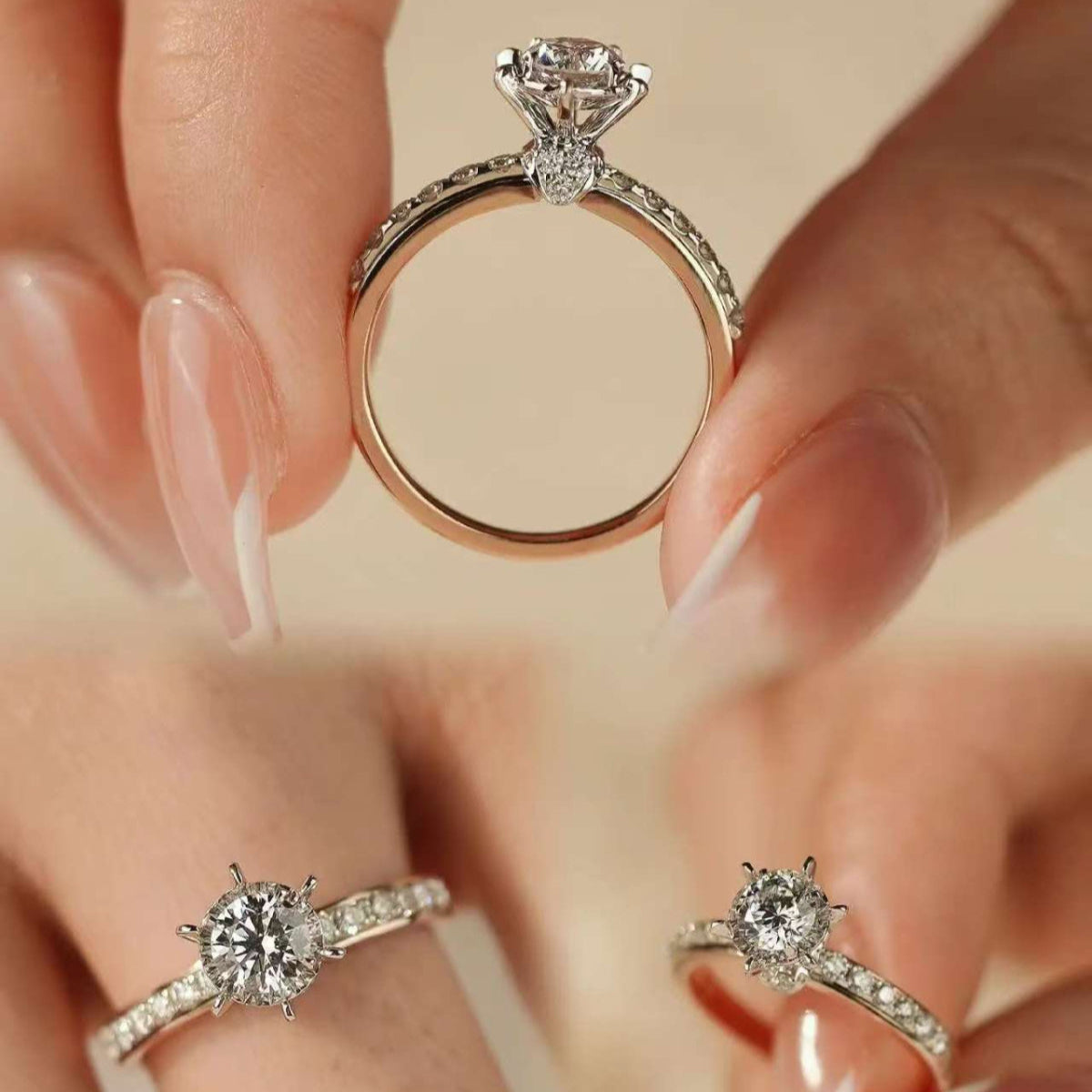 two-tone six-prong lab diamond ring collage, pavé band & hidden pear accent