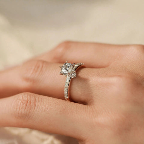 two-tone engagement ring upright, white gold basket, pavé shank detail