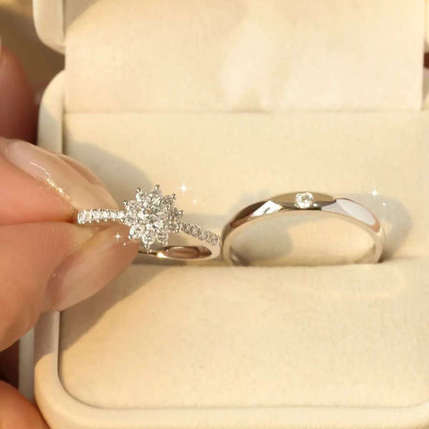 
Pair of matching lab grown diamond couple rings displayed in a jewelry box