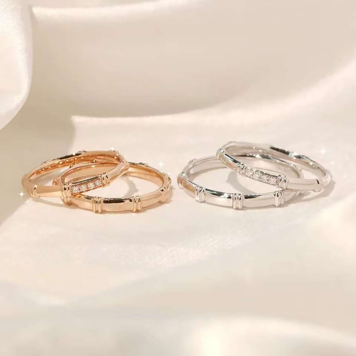 Rose- and white-gold sets of slim bamboo rings—each pair shows plain & diamond versions on satin backdrop
