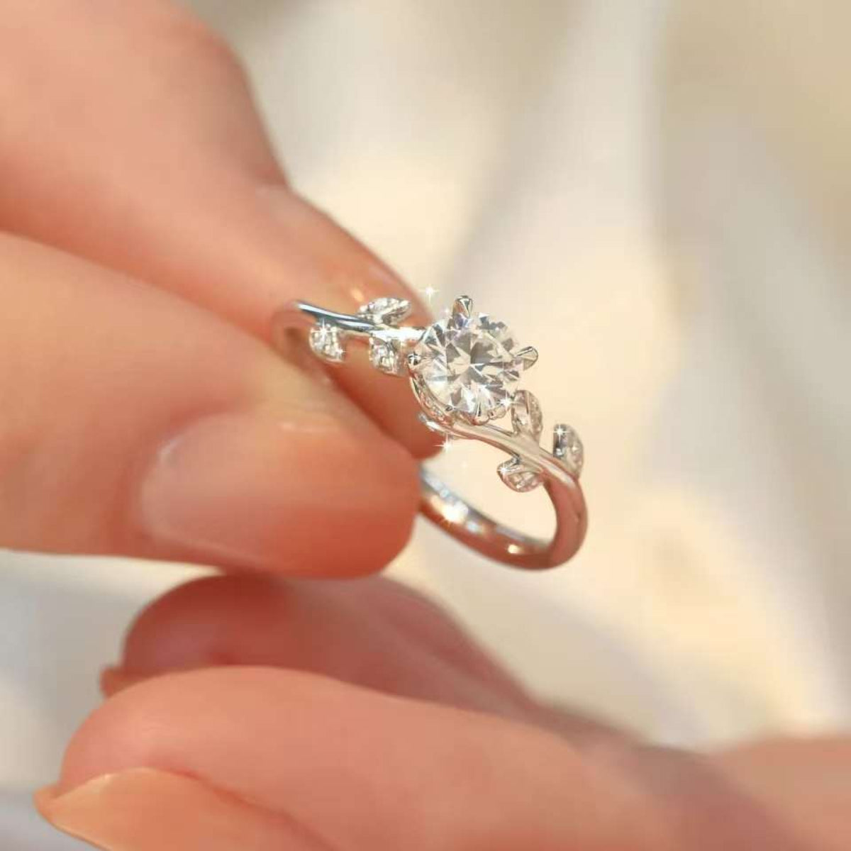 
unique botanical leaf promise ring lab diamond solitaire gold fine jewelry