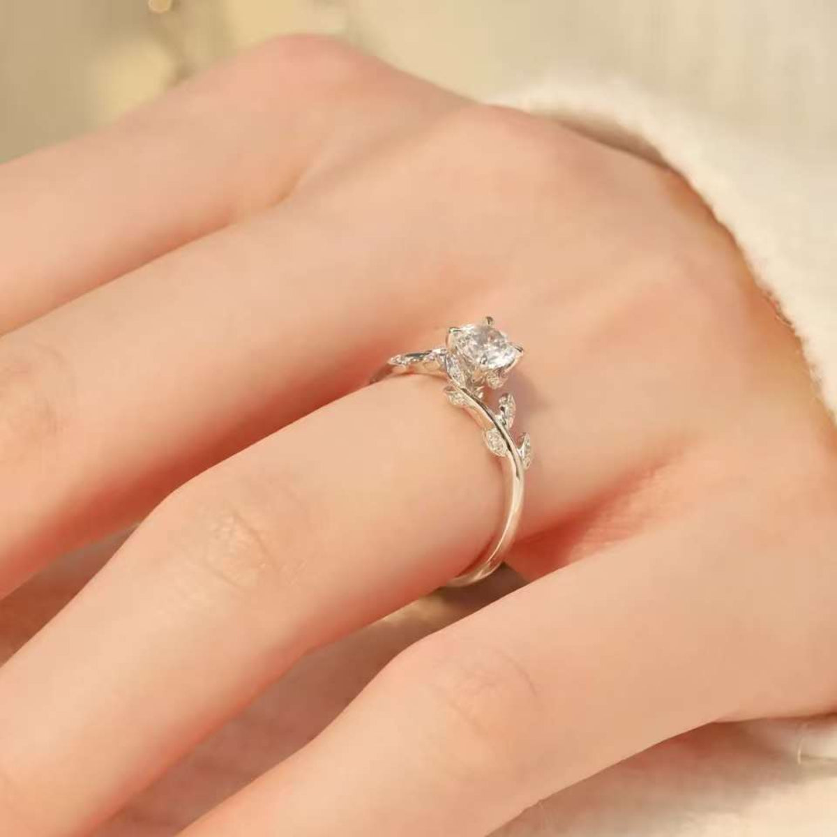 
0.3ct center stone engagement ring with leaf accents nature wedding jewelry