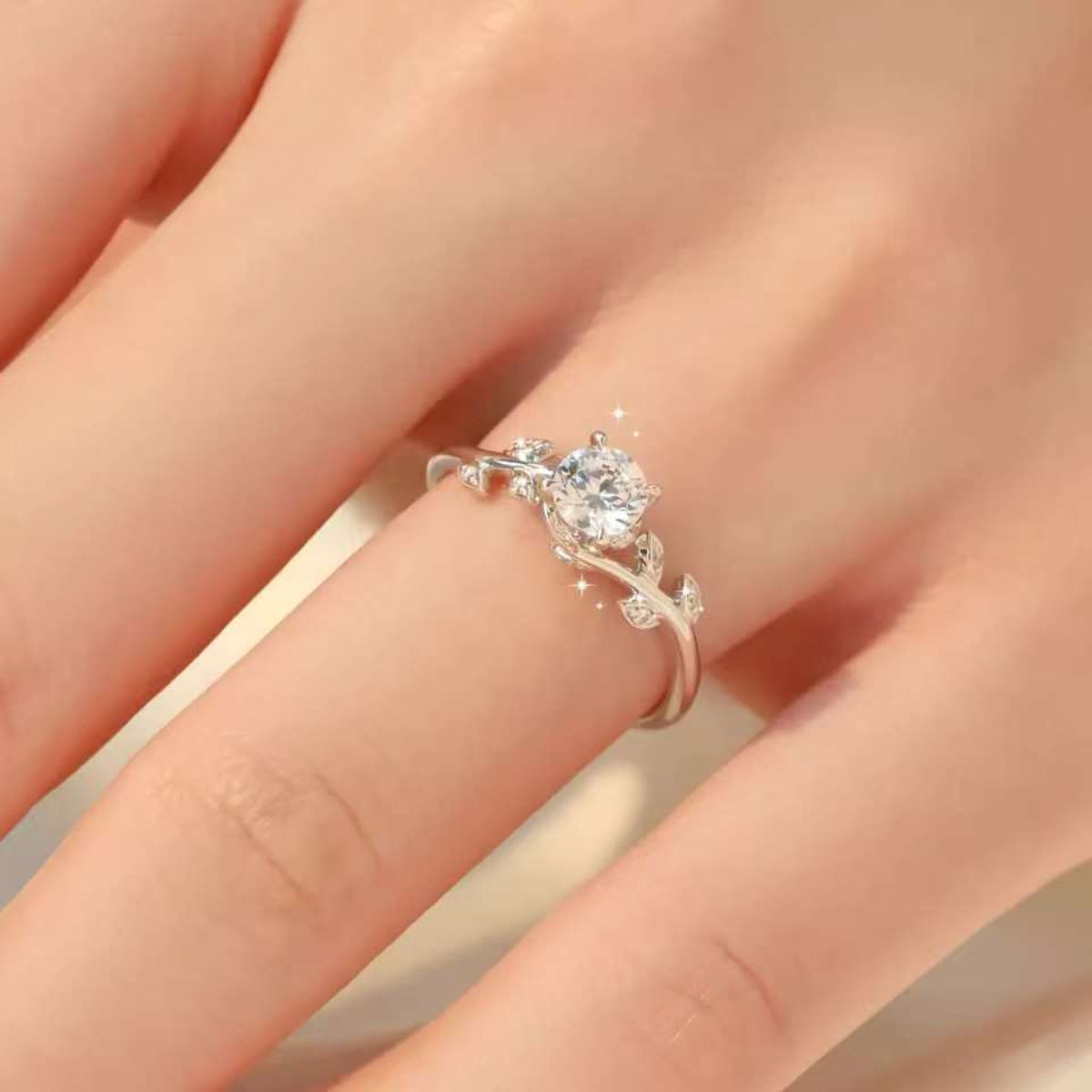 dainty bridal ring with branch and leaf design in 14k 18k gold